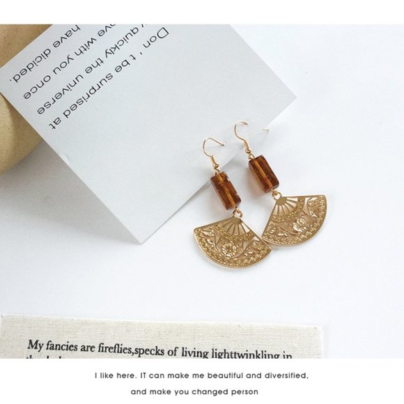 Ancient Asian Fan Stone Drop Earrings - Picture 6 of 11